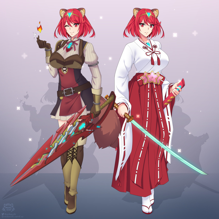 1girl, absurdres, aegis_sword_(xenoblade), animal_ear_fluff, animal_ears, arm_guards, belt, belt_buckle, breasts, brown-framed_eyewear, brown_belt, buckle, chest_jewel, cosplay, crossover, highres, holding, holding_sheath, holding_sword, holding_weapon, japanese_clothes, katana, large_breasts, miike-san, neck_ribbon, pyra_(xenoblade), raccoon_ears, raccoon_girl, raccoon_tail, raphtalia, raphtalia_(cosplay), red_eyes, redhead, ribbed_shirt, ribbon, sheath, shirt, short_hair, slave_brand, sword, tail, tate_no_yuusha_no_nariagari, unsheathed, unsheathing, weapon, xenoblade_chronicles_(series), xenoblade_chronicles_2