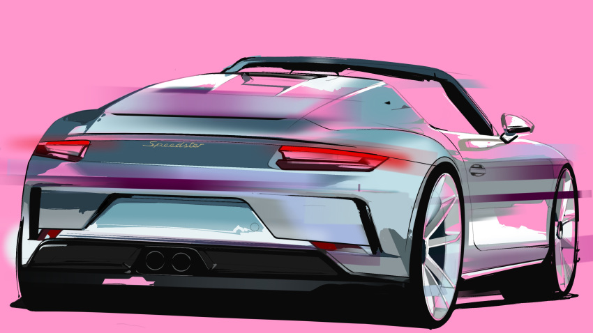 absurdres, car, convertible, english_commentary, from_behind, glowing, grey_car, highres, hristo_ivanov, motion_blur, motor_vehicle, no_humans, original, pink_background, porsche, porsche_911, porsche_997, sports_car, vehicle_focus
