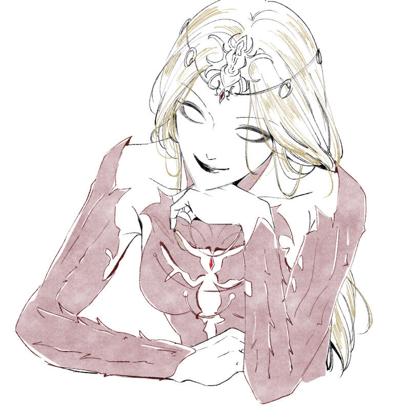 1girl, arm_rest, baldur's_gate, baldur's_gate_3, black_eyeshadow, black_lips, blank_eyes, blonde_hair, bodysuit, circlet, cleavage_cutout, clothing_cutout, collarbone, colored_skin, commentary_request, cropped_torso, detached_sleeves, dungeons_&amp;_dragons, elbow_rest, eyeshadow, facing_viewer, head_on_hand, headpiece, hoj_duck, korean_commentary, long_hair, makeup, orin_the_red, red_bodysuit, red_sleeves, smile, solo, upper_body, white_skin