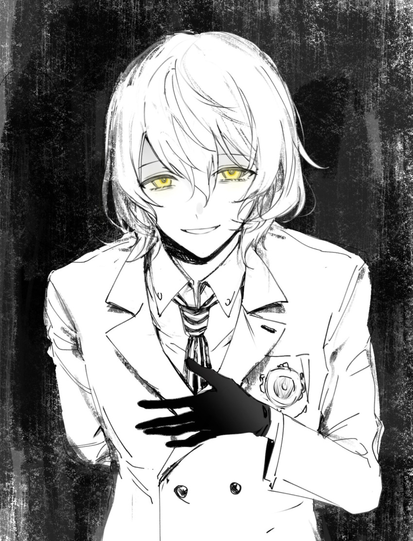 1boy, akechi_gorou, black_background, black_gloves, black_necktie, bowing, coat, collared_shirt