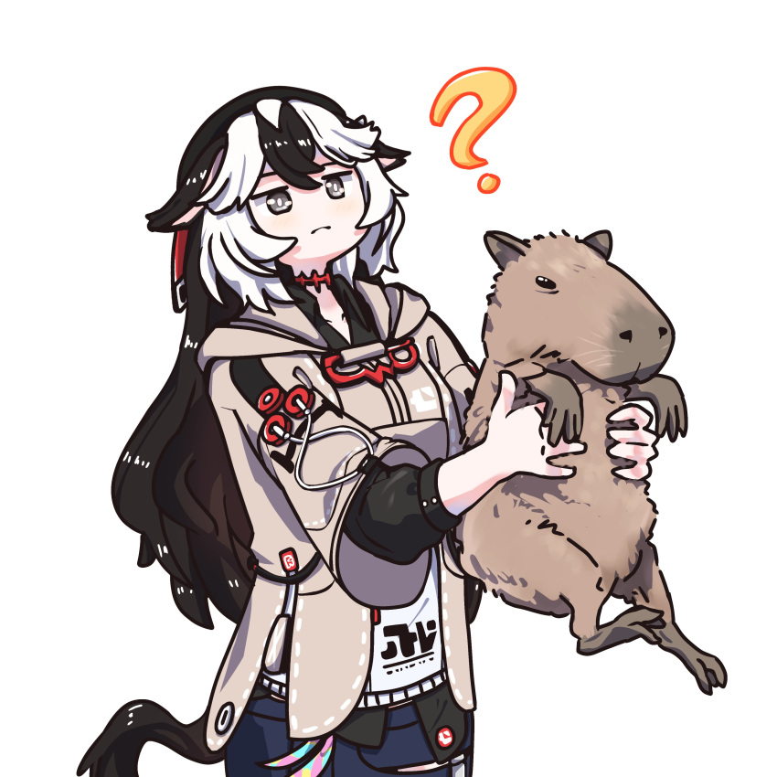 1girl, ?, absurdres, animal, animal_ears, beret, black_hair, black_hat, black_shirt, blue_skirt, brown_jacket, capybara, closed_mouth, collared_shirt, commentary, coralie_(honkai_impact), denim, denim_skirt, english_commentary, grey_eyes, hair_between_eyes, hat, highres, holding, holding_animal, honkai_(series), honkai_impact_3rd, jacket, layered_sleeves, long_hair, long_sleeves, multicolored_hair, puffy_long_sleeves, puffy_sleeves, shirt, short_over_long_sleeves, short_sleeves, simple_background, skirt, solo, spikes, tail, thatwasjack, two-tone_hair, very_long_hair, white_background, white_hair