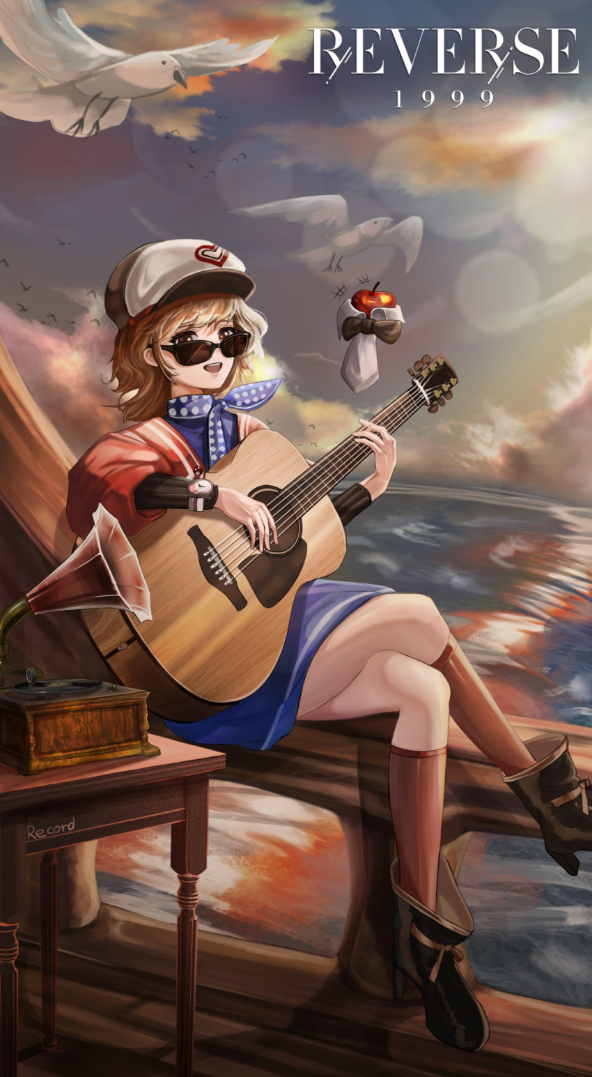 1girl, :d, acoustic_guitar, ankle_boots, apple, apple_(reverse:1999), bird, black_bow
