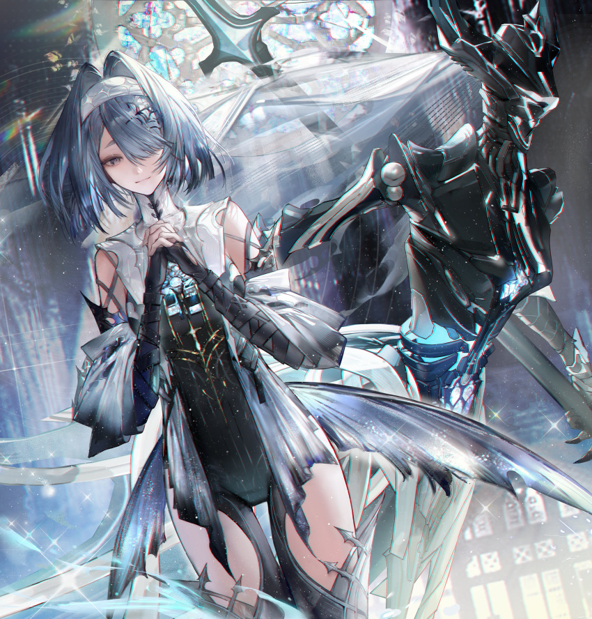 1girl, 1other, absurdres, alisa:_echo_(punishing:_gray_raven), alisa_(punishing:_gray_raven), arm_strap, black_bodysuit, blue_hair