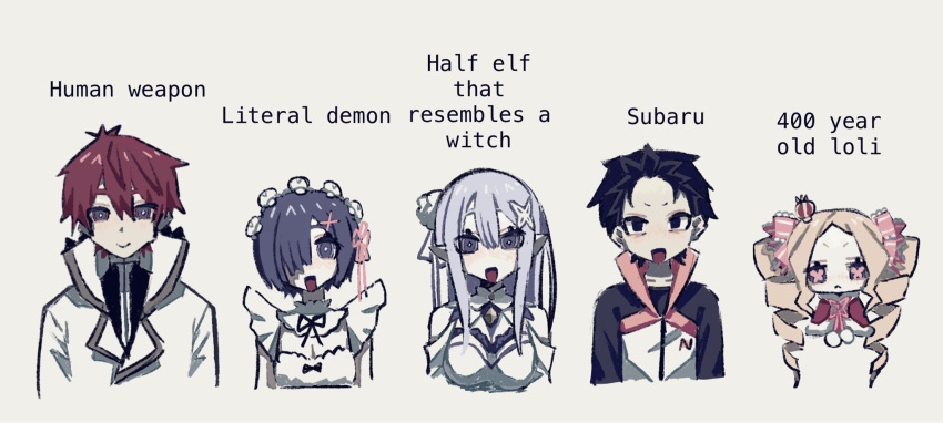 2boys, 3girls, :<, beatrice_(re:zero), black_hair, blonde_hair, blue_eyes, blue_hair