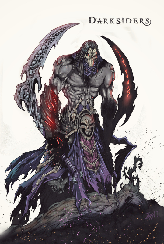 1boy, armored_gloves, black_hair, darksiders, death_(darksiders), dual_wielding, gloves, glowing