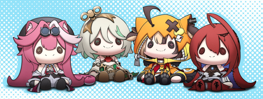 4girls, absurdres, ahoge, animal_ears, ascot, black_footwear, black_hair, blonde_hair, blue_background, brown_footwear, button_eyes, buttons, cecilia_immergreen, character_doll, clawed_boots, clero_(viprimo), dress, elizabeth_rose_bloodflame, eyewear_on_head, gigi_murin, green_hair, green_skirt, grey_hair, hair_between_eyes, hair_ornament, halter_dress, halterneck, highres, holojustice, hololive, hololive_english, hood, hoodie, huge_ahoge, long_hair, multicolored_hair, multiple_girls, orange_hoodie, paw_print, pink_hair, polka_dot, polka_dot_background, raora_panthera, red_ascot, red_footwear, shirt, short_hair, skirt, smile, stitches, streaked_hair, two-tone_background, white_background, white_dress, white_hair, white_shirt, zipper_pull_tab