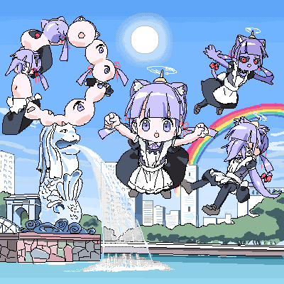 animal_ears, apron, black_dress, black_sclera, blue_sky, bow, building, cat_ears, cat_girl, cat_tail, city, clouds, colored_sclera, commentary_request, dark_lokulo-chan, dress, flying, fountain, hat, lokulo-chan_(lokulo_no_mawashimono), lokulo_no_fukakimono, lokulo_no_mawashimono, lowres, maid, maid_apron, mini_hat, oekaki, original, propeller_hat, purple_hair, rainbow, red_eyes, sky, skyscraper, sun, tail, tail_bow, tail_ornament, tentacles, tree, violet_eyes