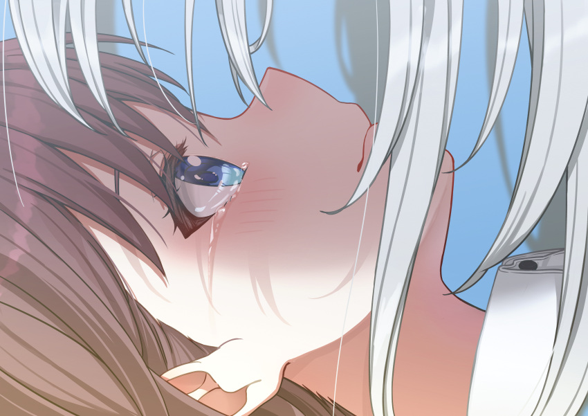 2girls, absurdres, blue_eyes, blush, brown_hair, closed_mouth, collared_shirt, commentary_request