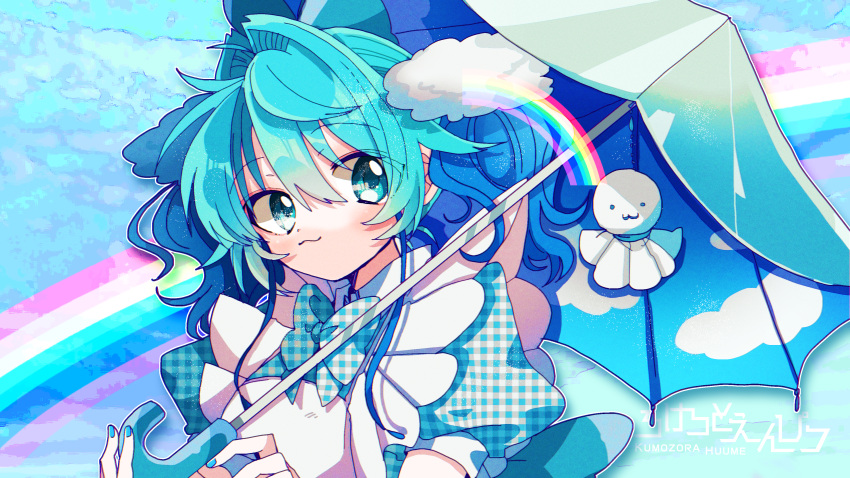 1girl, absurdres, apron, blue_eyes, blue_hair, blue_nails, character_name, clouds, commentary, dress, eyes_visible_through_hair, frilled_apron, frills, hair_intakes, highres, holding, holding_umbrella, kumozora_huume, kumozora_huume_(character), original, plaid, plaid_dress, puffy_short_sleeves, puffy_sleeves, rainbow, short_sleeves, smile, solo, teruterubouzu, twintails, two_side_up, umbrella, upper_body
