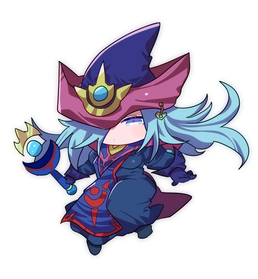 1girl, blue_dress, blue_gloves, blue_hair, blue_hat, chibi, chibi_only, dress