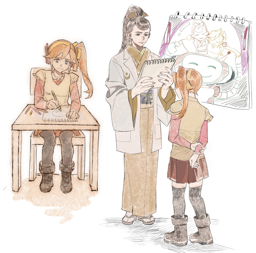 2girls, absurdres, ace_attorney, athena_cykes, blue_eyes, boots, brown_hair, chair