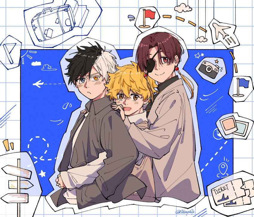 3boys, absurdres, black_hair, blonde_hair, briefcase, brown_hair, camera, earrings, eyepatch, flag, hayato_suou, heterochromia, highres, hug, jacket, jewelry, long_sleeves, multicolored_hair, multiple_boys, nirei_akihiko, open_mouth, orange_eyes, photo_(object), road_sign, sakura_haruka_(wind_breaker), shinya572, shirt, short_hair, sign, smile, split-color_hair, tassel, tassel_earrings, ticket, white_hair, white_shirt, wind_breaker_(nii_satoru)