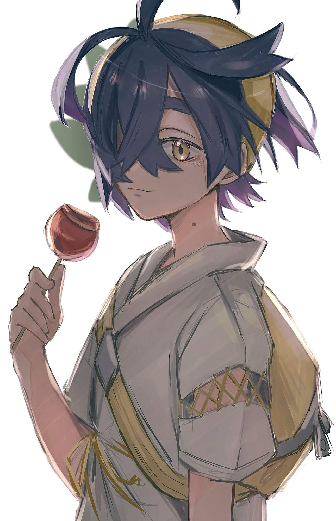 1boy, bag, black_hair, candy_apple, closed_mouth, food, hair_between_eyes, hair_over_one_eye