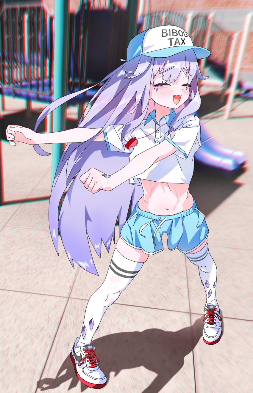 1girl, absurdres, alternate_costume, baseball_cap, blue_shorts, blush, chads_dancing_to_california_gurls_(meme), chromatic_aberration