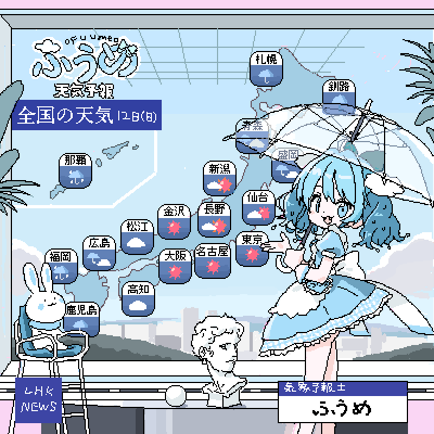 1girl, blue_dress, blue_eyes, blue_hair, borrowed_character, bow, brand_name_imitation, bust_(sculpture), chair, cloud_hair_ornament, commentary_request, dress, hair_bow, holding, holding_umbrella, kumozora_huume_(character), lokulo_no_mawashimono, lowres, nhk_(broadcaster), oekaki, original, rabbit, short_dress, translation_request, twintails, umbrella, weatherman