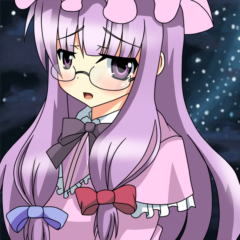 bespectacled, blush, crescent_moon, glasses, hair_ribbon, hat, long_hair, norainu_(takeru)