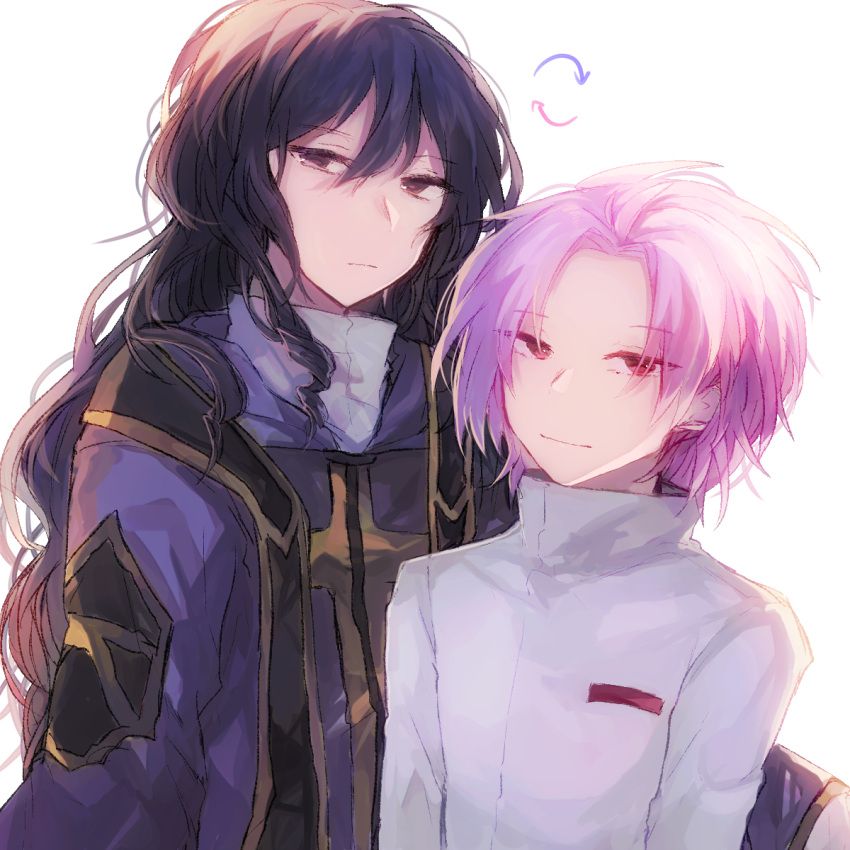 2boys, alternate_hairstyle, black_eyes, black_hair, closed_mouth, commentary_request, fumi_(rdbm), gold_trim