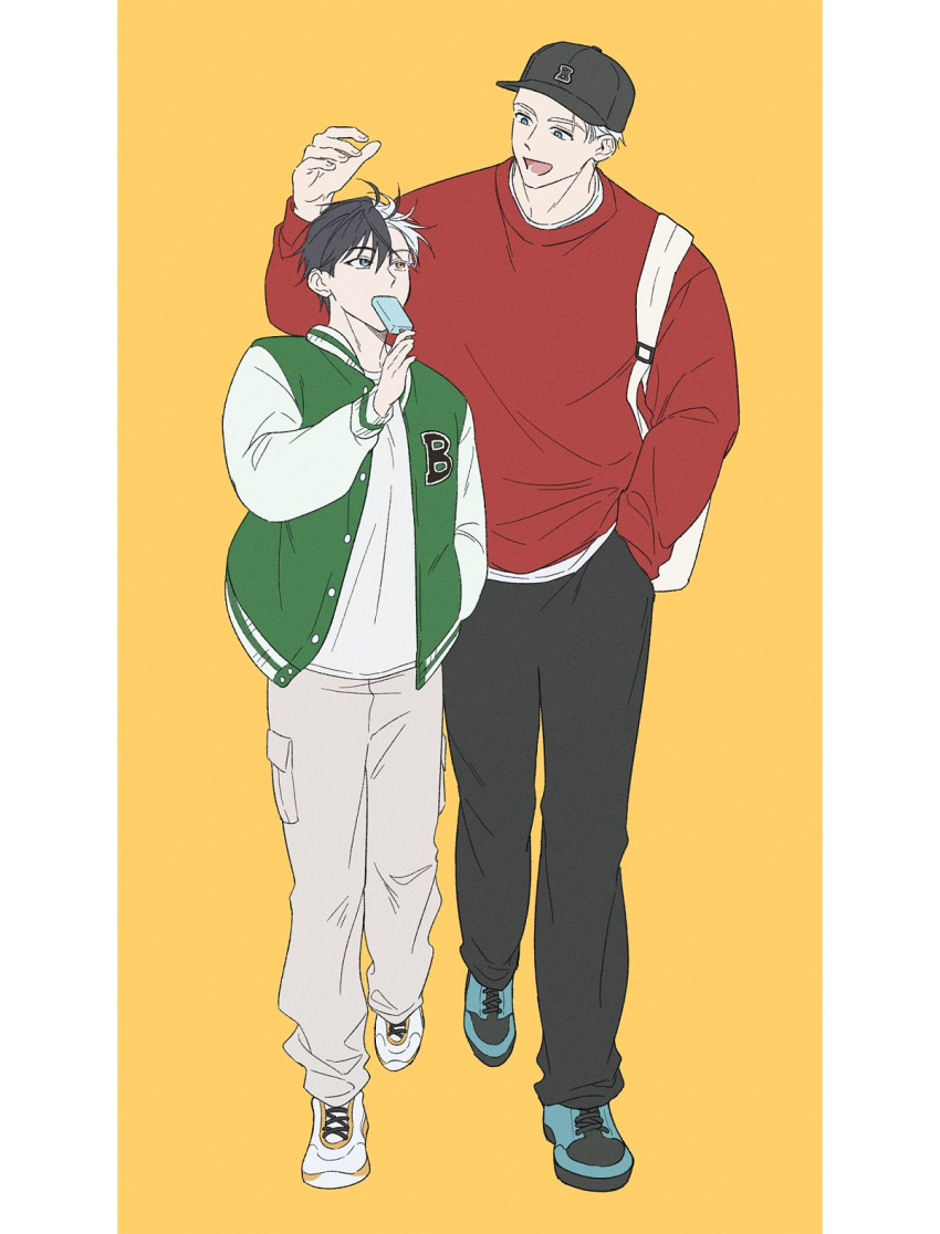2boys, aqua_footwear, bag, black_hair, black_hat, black_pants, blue_eyes, food, full_body, green_jacket, hat, heterochromia, highres, ice_cream, jacket, long_sleeves, multicolored_clothes, multicolored_hair, multicolored_jacket, multiple_boys, open_clothes, open_jacket, open_mouth, pants, red_jacket, sakura_haruka_(wind_breaker), season_fifth, shirt, short_hair, smile, split-color_hair, two-tone_jacket, umemiya_hajime, white_footwear, white_hair, white_pants, white_shirt, wind_breaker_(nii_satoru)