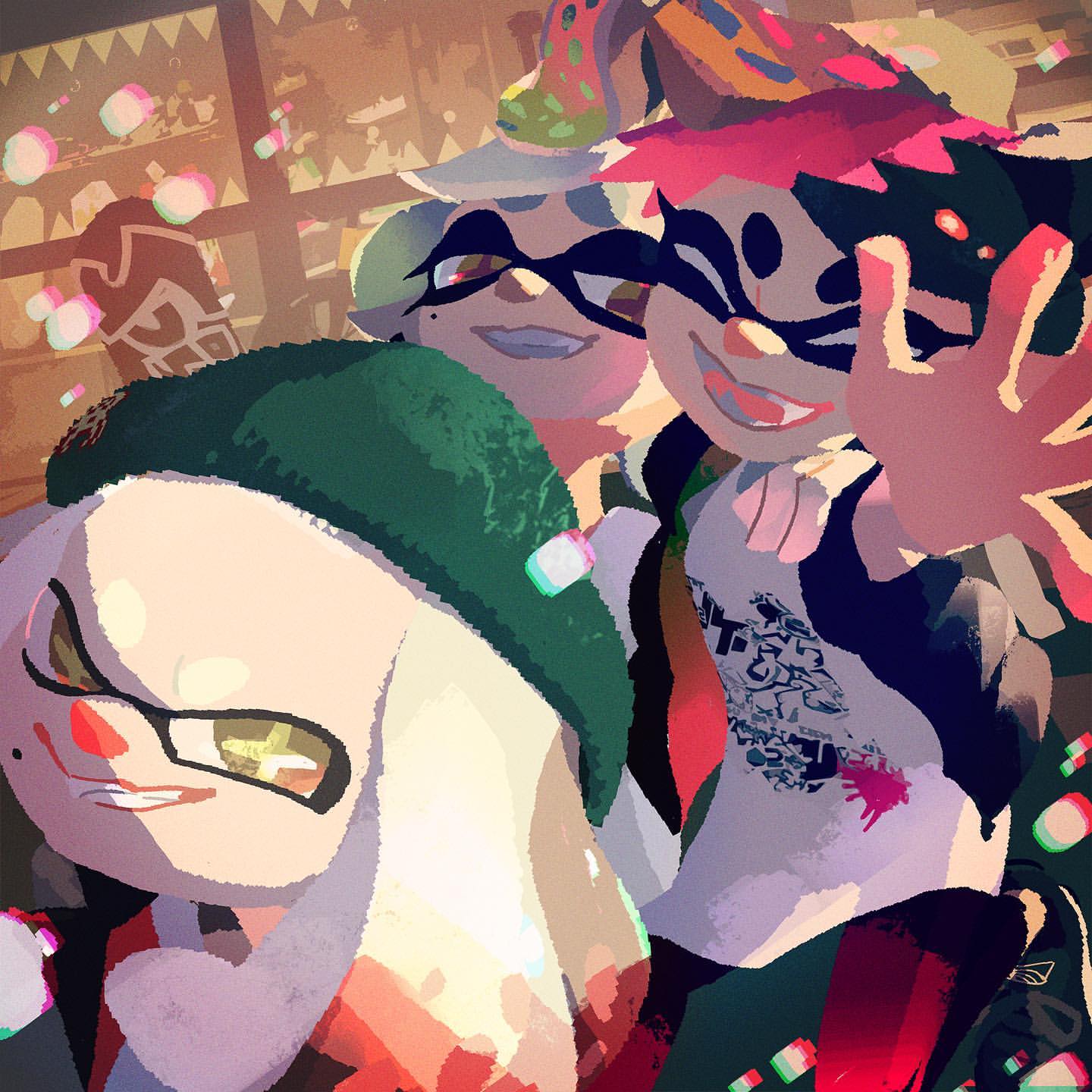 2girls, ^_^, arm_around_shoulder, beanie, black_hair, black_jacket, bow-shaped_hair, callie_(splatoon), cephalopod_eyes, christmas, closed_eyes, colored_tips, fangs, food, food-themed_hair_ornament, foot_out_of_frame, furrowed_brow, garland_(decoration), green_hat, hair_ornament, happy, hat, highres, inoue_seita, jacket, long_hair, looking_at_viewer, marie_(splatoon), medium_hair, mole, mole_under_eye, multicolored_hair, multiple_girls, night, official_art, open_clothes, open_jacket, open_mouth, outdoors, outstretched_hand, pearl_(splatoon), redhead, second-party_source, shirt, short_hair, skateboard, smile, snowing, splatoon_(series), splatoon_1, splatoon_2, sushi, t-shirt, teeth, tentacle_hair, two-sided_fabric, two-sided_jacket, upper_body, walking, white_hair, white_shirt, window, yellow_eyes