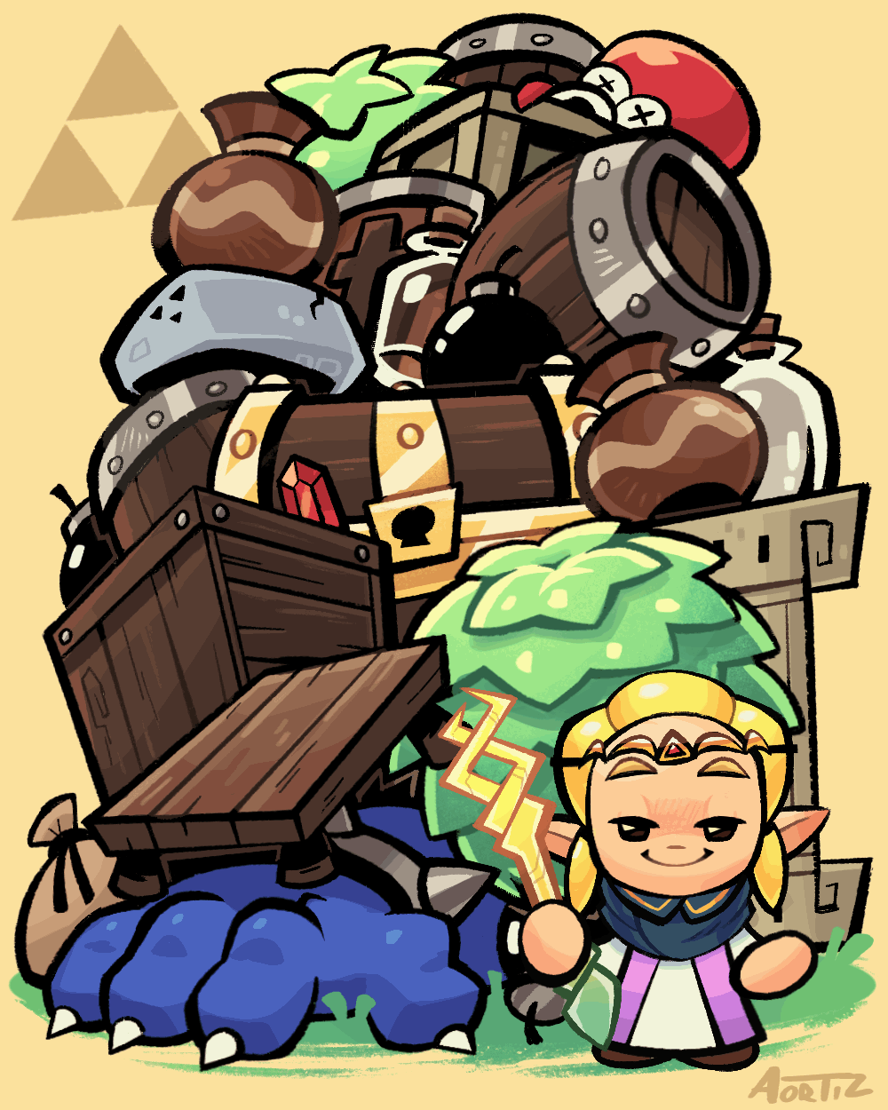 1girl, animated, animated_gif, barrel, blonde_hair, bomb, bracelet, bush, chibi, circlet, claws, cloak, crate, dynamo_toon, explosive, ganondorf, glass_bottle, highres, jewelry, looking_at_viewer, looping_animation, octorok, princess_zelda, rupee_(zelda), sack, smile, smug, spiked_bracelet, spikes, the_legend_of_zelda, the_legend_of_zelda:_echoes_of_wisdom, treasure_chest, tri_rod, x_x