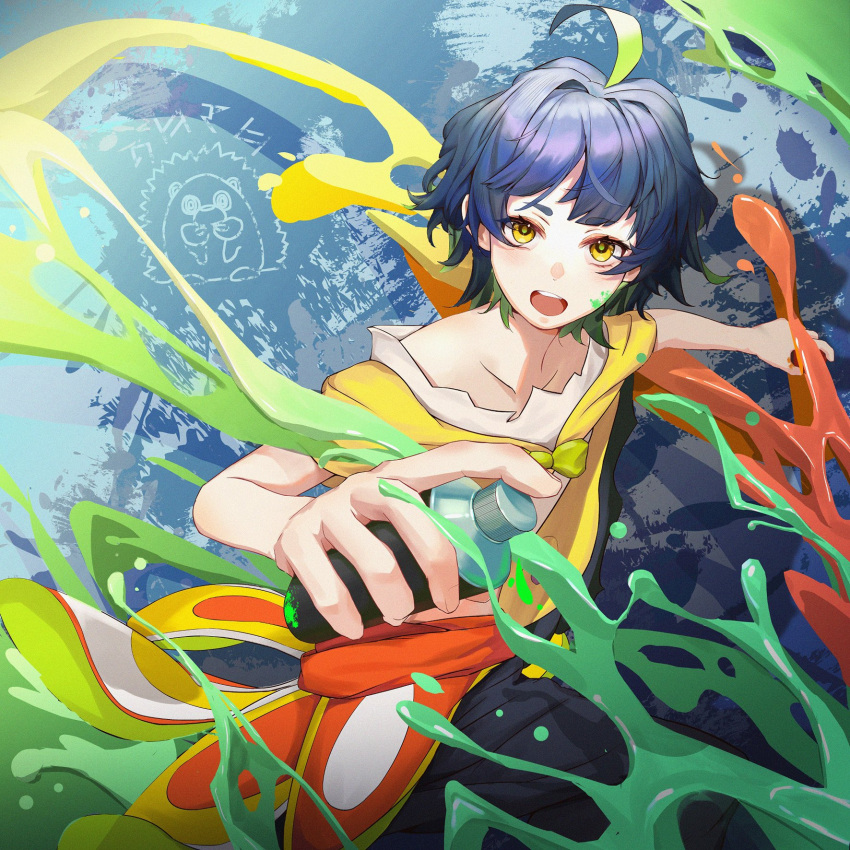 1girl, ahoge, black_pants, blue_hair, bottle, colored_inner_hair, dark_blue_hair, highres