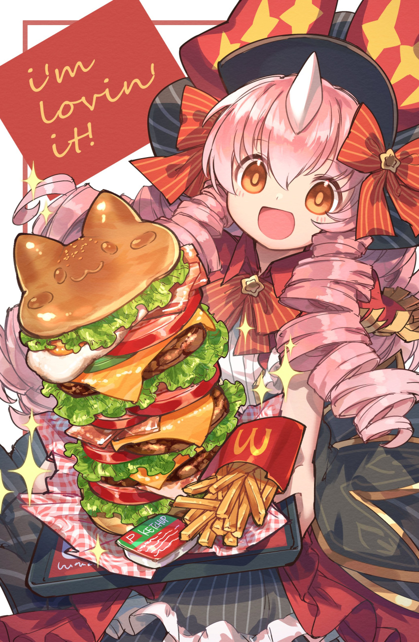 1girl, :d, absurdres, bow, burger, condiment_packet, cotton_(p&amp;d), dress