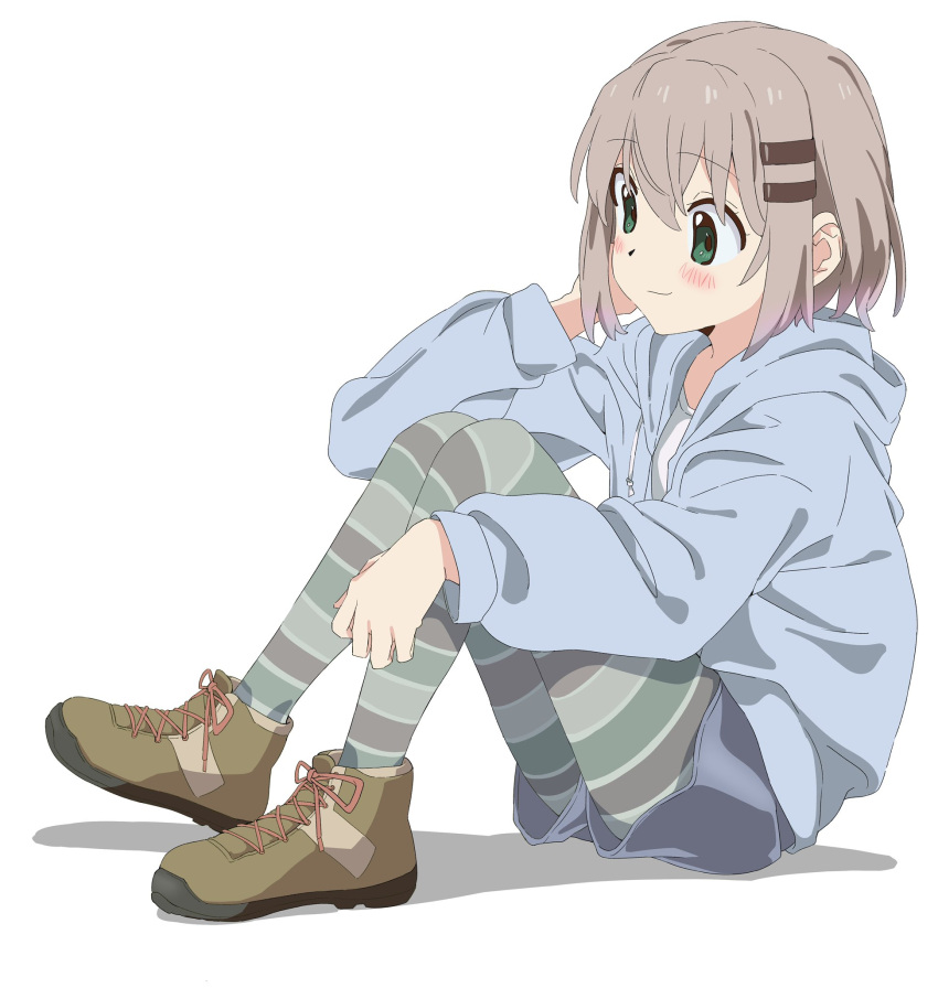1girl, arm_support, blue_hoodie, blue_shorts, boots, commentary, dlbl, from_side