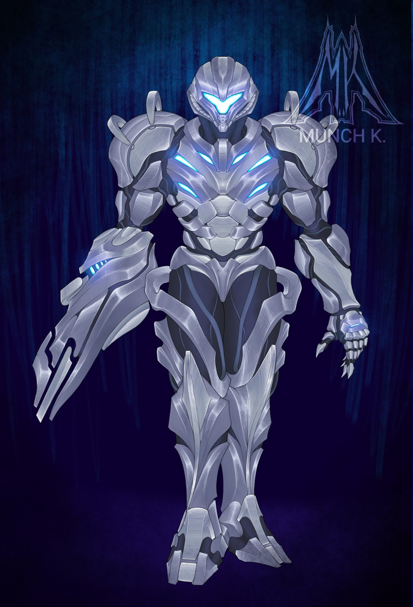 1girl, absurdres, arm_cannon, armor, artist_logo, artist_name, blue_background, blue_light, blue_visor, clawed_gauntlets, crossover, english_commentary, facing_viewer, forerunner, full_body, fusion, halo_(series), highres, metroid, munch_k, power_armor, power_suit, power_suit_(metroid), samus_aran, science_fiction, solo, variant_set, visor_(armor), weapon