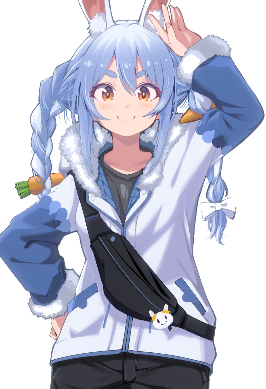 1girl, absurdres, animal_ears, aroha_j, blue_hair, bow, braid, carrot_hair_ornament