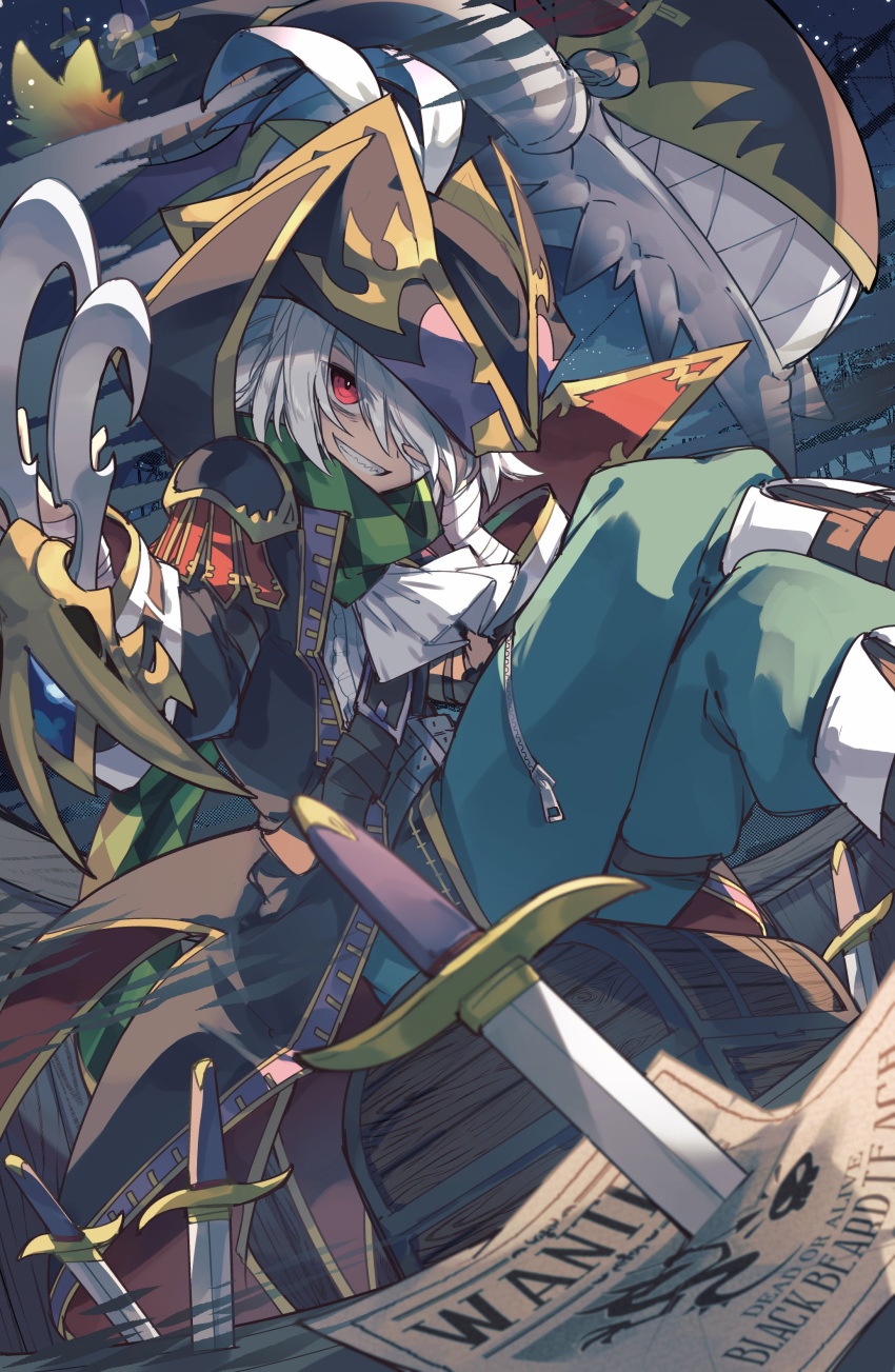 absurdres, argyle_clothes, argyle_scarf, bandaged_hand, bandages, blackbeard_(p&amp;d), checkered_clothes, checkered_scarf
