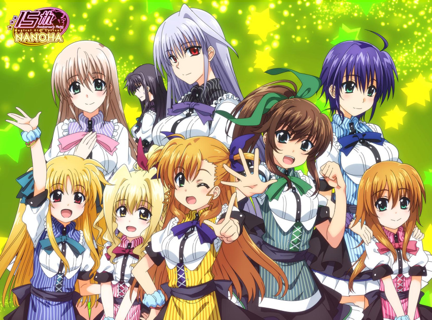 6+girls, ahoge, alicia_testarossa, blonde_hair, blue_hair, bow, brown_hair, cosplay