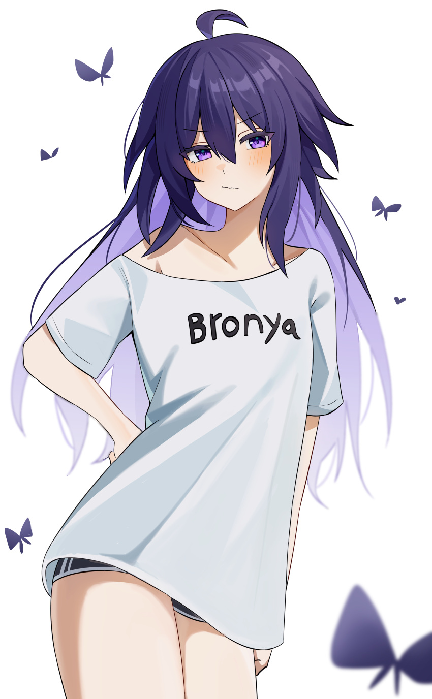 1girl, absurdres, ahoge, alternate_costume, arm_at_side, blush, breasts, bug, butterfly, character_name, closed_mouth, colored_inner_hair, commentary, cowboy_shot, dolphin_shorts, english_commentary, hair_between_eyes, hand_on_own_hip, highres, honkai:_star_rail, honkai_(series), katr5878, long_hair, looking_at_viewer, multicolored_hair, purple_butterfly, purple_hair, seele_(honkai:_star_rail), shirt, shorts, sidelocks, single_bare_shoulder, small_breasts, solo, standing, violet_eyes, white_shirt
