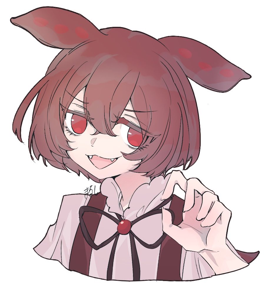 1girl, :3, ankomon, claw_pose, fangs, frills, low_ponytail, marushi_bo