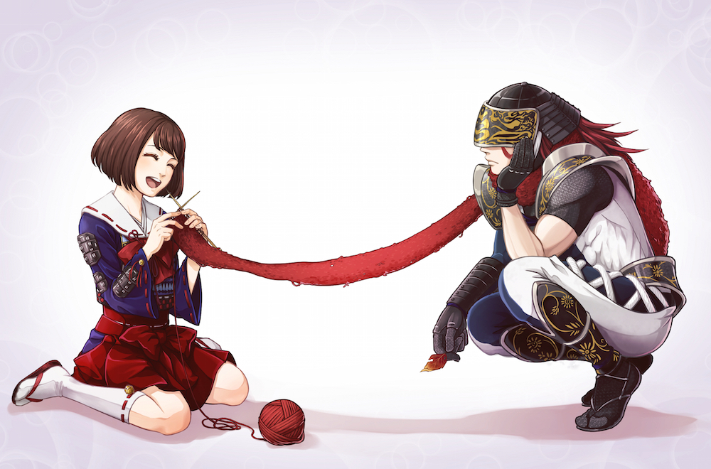 1boy, 1girl, :d, ^_^, black_gloves, brown_hair, closed_eyes, covered_eyes