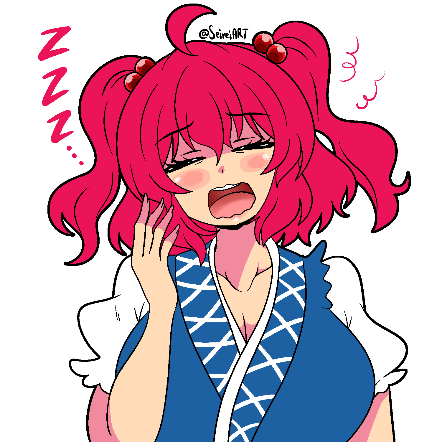 1girl, ahoge, blush, breasts, closed_eyes, commentary, english_commentary, facing_viewer