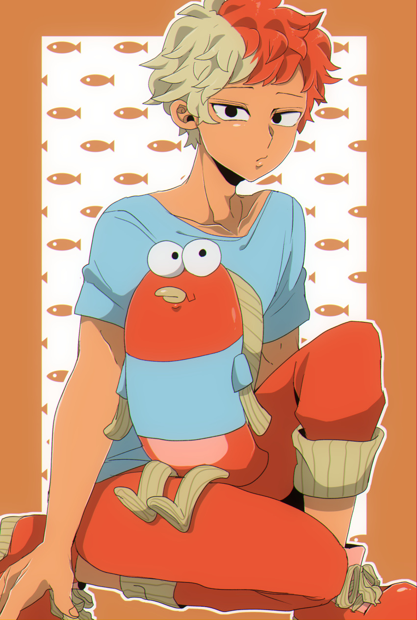 1boy, absurdres, adam's_apple, black_eyes, blue_shirt, border, collarbone, dual_persona