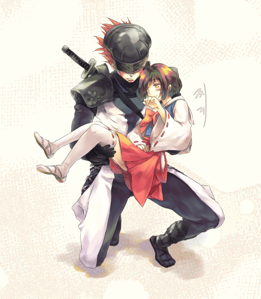 1boy, 1girl, armor, blush, bow, brown_hair, carrying, covered_eyes