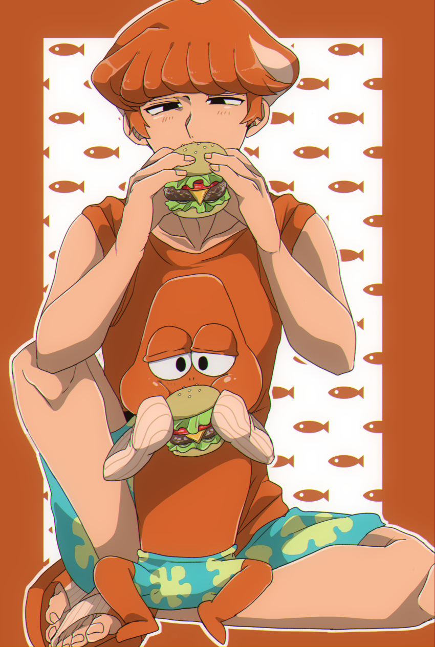 1boy, absurdres, black_eyes, border, bowl_cut, burger, collarbone, dual_persona