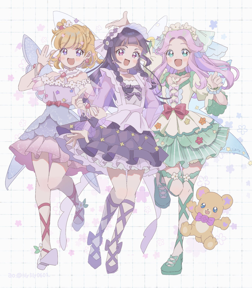 3girls, :d, asahina_mirai, bear, blonde_hair, blue_eyes, blush, bow