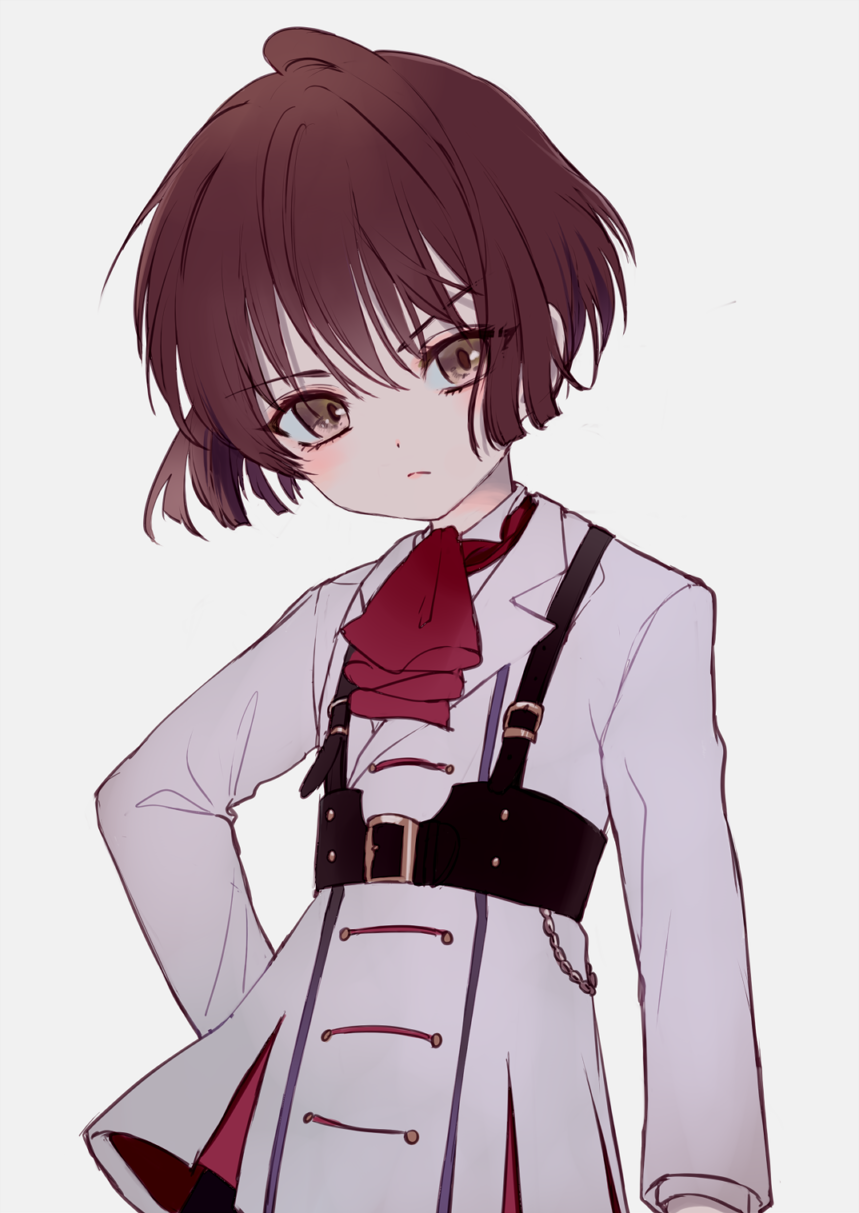 1girl, ascot, brown_eyes, brown_hair, buckle, ciconia_no_naku_koro_ni, closed_mouth, coat
