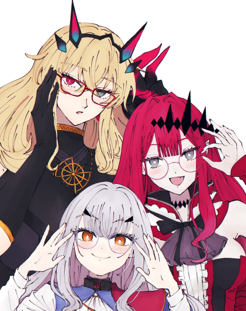 3girls, adjusting_eyewear, armor, baobhan_sith_(fate), baobhan_sith_(first_ascension)_(fate), bare_shoulders, barghest_(fate), barghest_(second_ascension)_(fate)