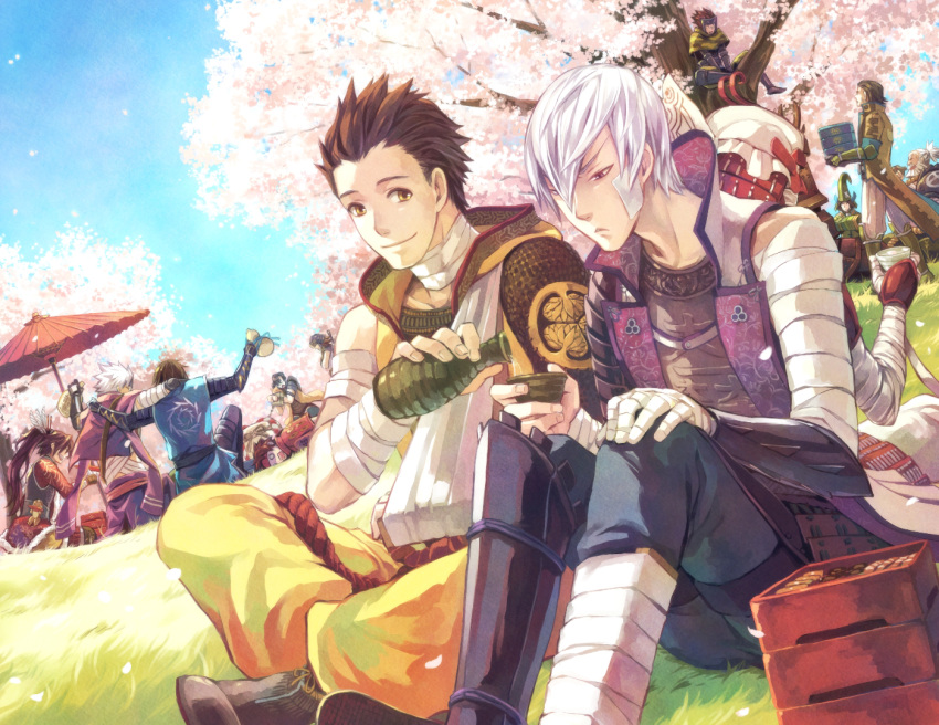6+boys, alcohol, arm_sling, bandaged_arm, bandaged_neck, bandages, black_hair, brown_hair