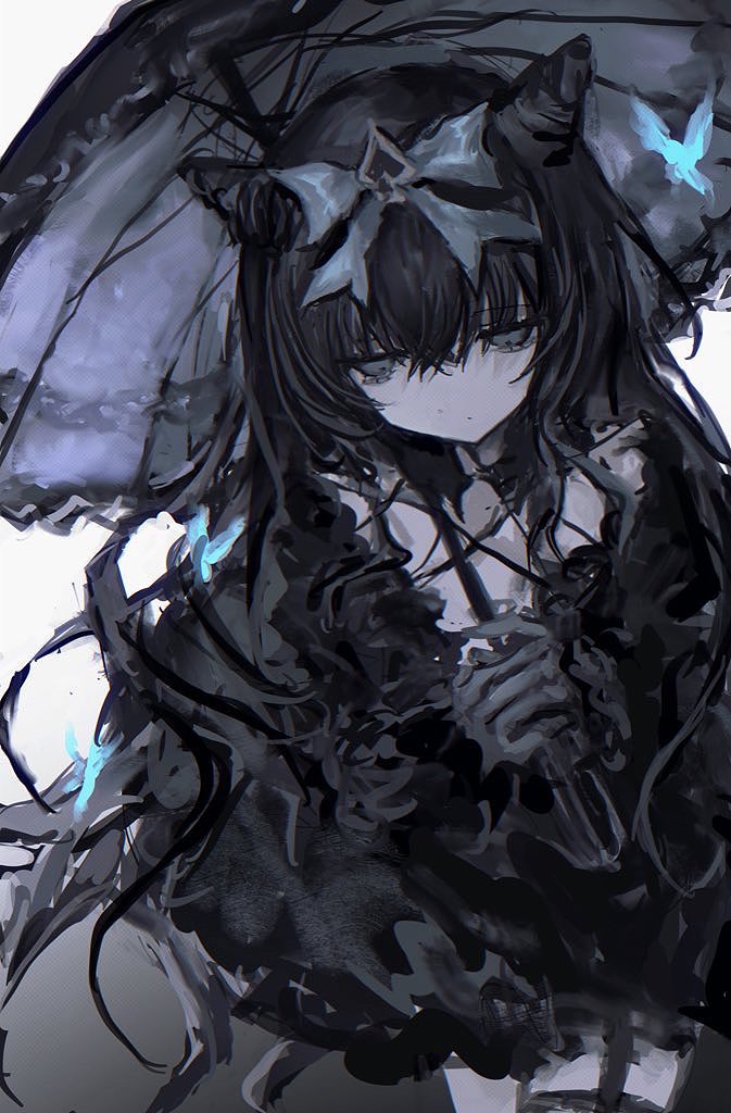 1girl, bad_id, bad_twitter_id, black_dress, black_gloves, black_hair, black_umbrella, bug, butterfly, chan8016, closed_mouth, cone_hair_bun, cowboy_shot, double_bun, dress, gloves, gothic_lolita, grey_eyes, hair_bun, hair_ribbon, holding, holding_umbrella, inactive_account, lolita_fashion, long_hair, long_sleeves, looking_at_viewer, original, own_hands_together, ribbon, solo, standing, umbrella