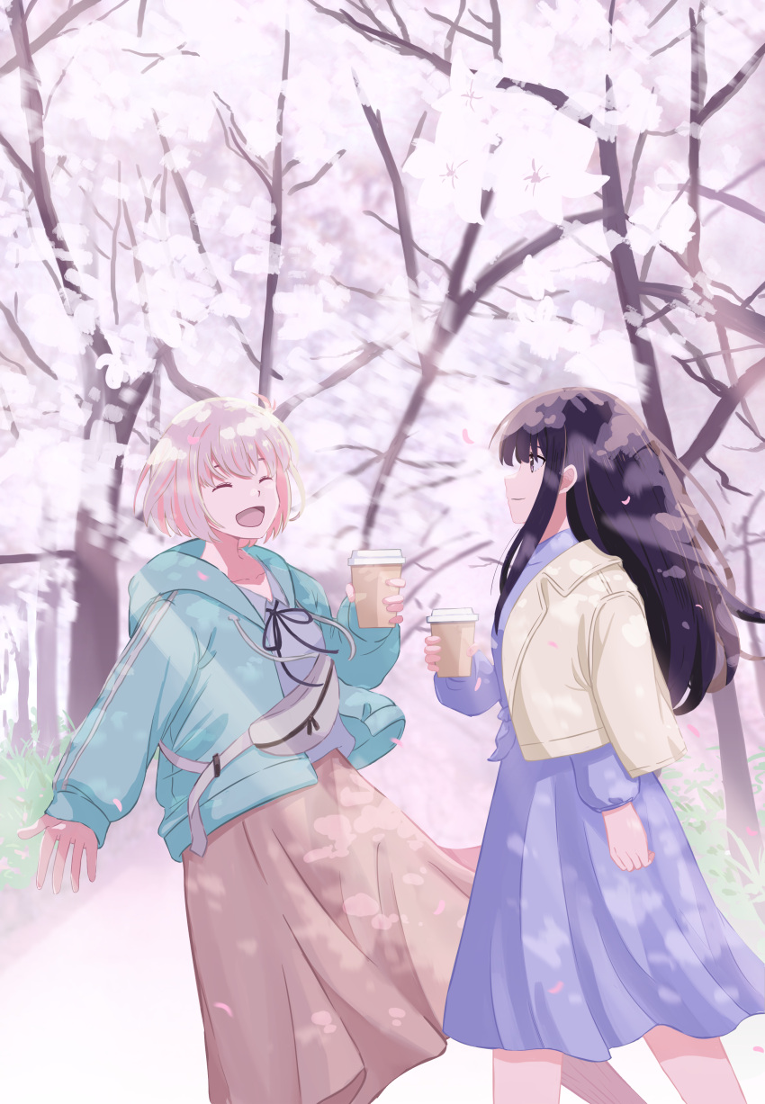 2girls, ^_^, absurdres, aqua_jacket, black_hair, black_ribbon, blonde_hair, blue_dress