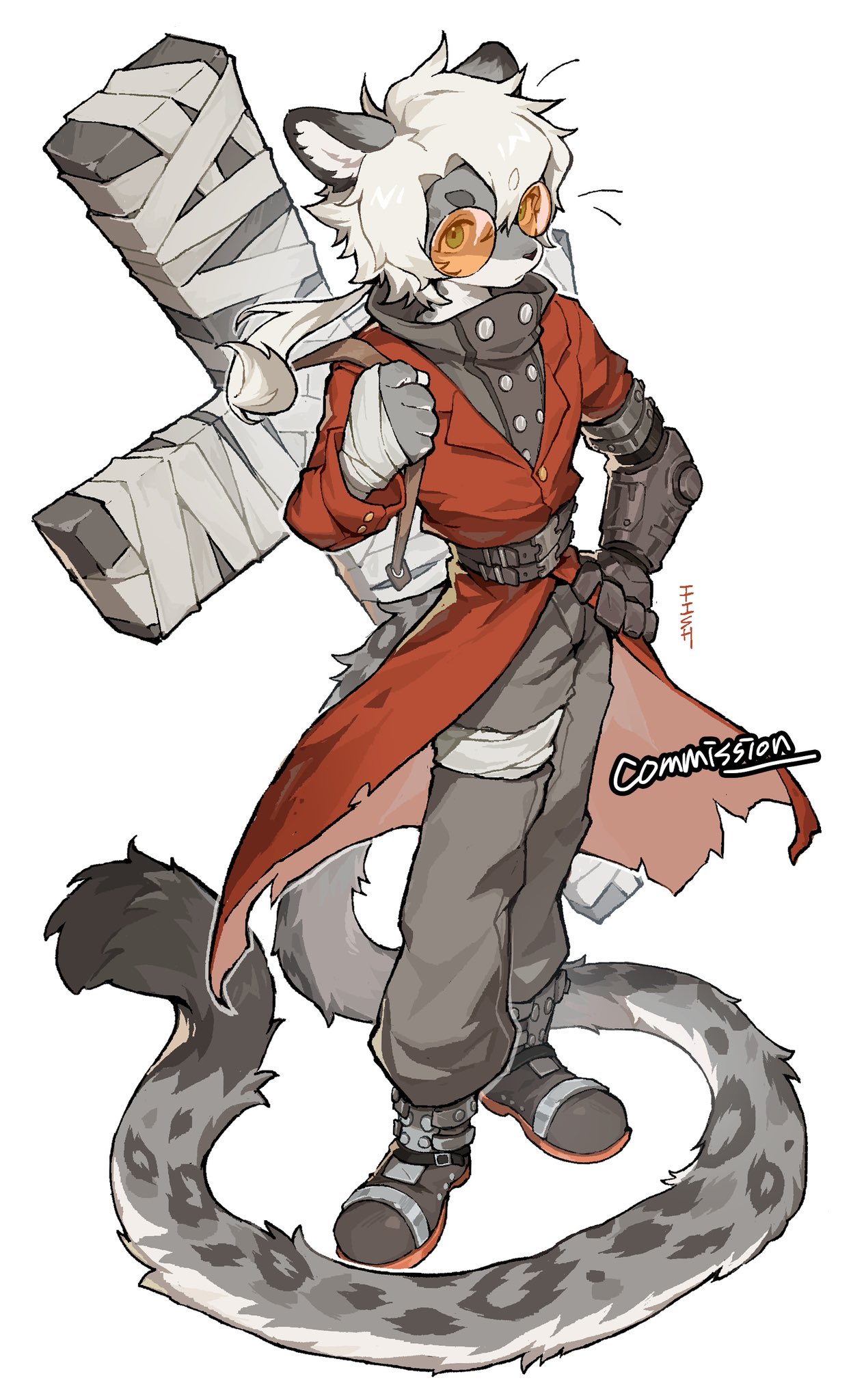 1boy, animal_ears, animal_nose, bandaged_hand, bandaged_leg, bandages, belt, black_footwear