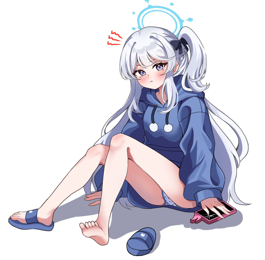 1girl, :t, arms_at_sides, barefoot, black_bow, blue_archive, blue_halo, blue_hoodie