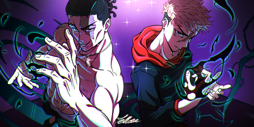2boys, absurdres, aura, battle, black_hair, clenched_hand, flexing_pectorals, foreshortening