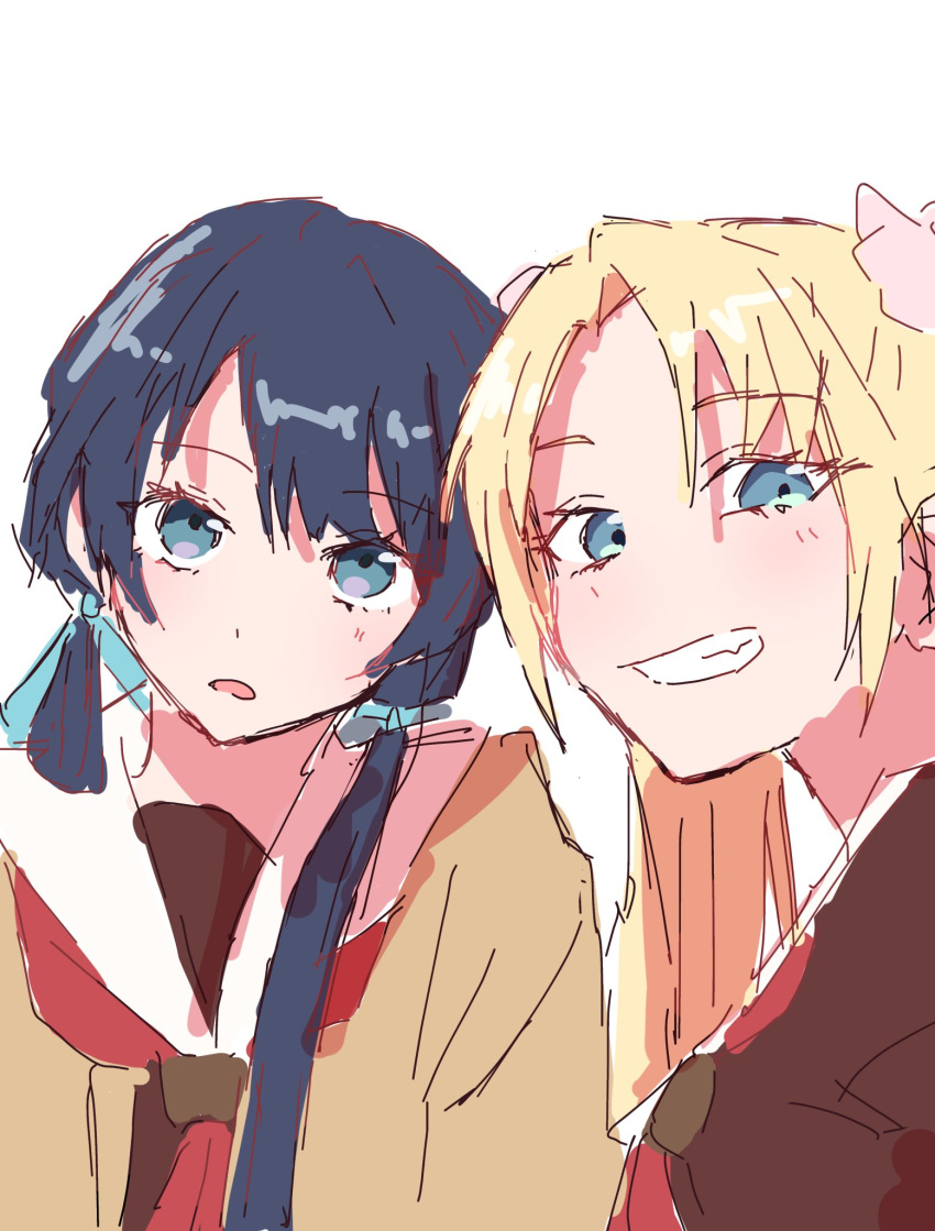 2girls, blonde_hair, blue_eyes, blue_hair, blue_ribbon, brown_cardigan, brown_dress, cardigan, commentary, dark_blue_hair, dress, fang, flower, grin, hair_flower, hair_ornament, hair_ribbon, hasu_no_sora_school_uniform, highres, link!_like!_love_live!, long_hair, long_sleeves, looking_at_viewer, love_live!, low_twintails, mole, mole_on_neck, multiple_girls, murano_sayaka, myuu_(mmyu_ull), neckerchief, open_cardigan, open_clothes, open_mouth, osawa_rurino, parted_bangs, pink_flower, red_neckerchief, ribbon, sailor_collar, sailor_dress, school_uniform, smile, twintails, upper_body, virtual_youtuber, white_sailor_collar, winter_uniform
