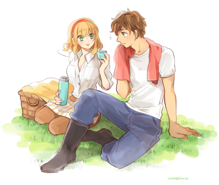 1boy, 1girl, axis_powers_hetalia, belgium_(hetalia), black_footwear, blonde_hair, blue_pants, boots