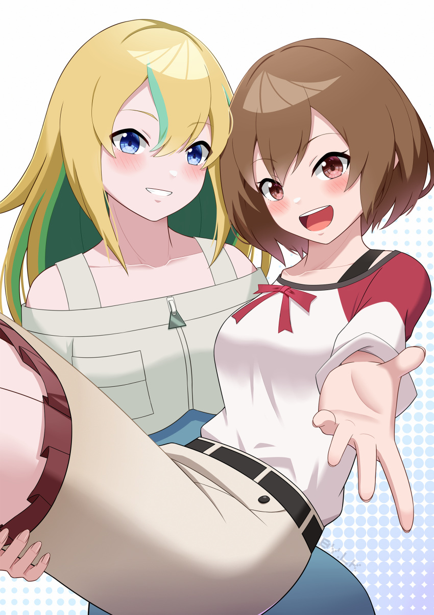 2girls, absurdres, blonde_hair, blue_dress, blue_eyes, blush, breasts, brown_hair